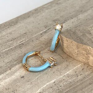 NEW~ Anthropologie Crystal & Blue enamel Huggie Hoop Earrings